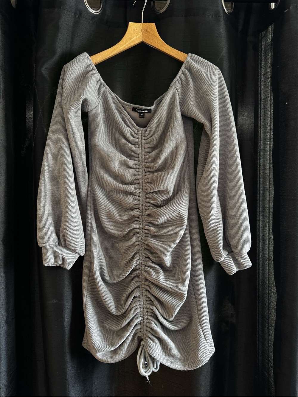 Fashionova Ruched Gray Long Sleeve Knit Dress